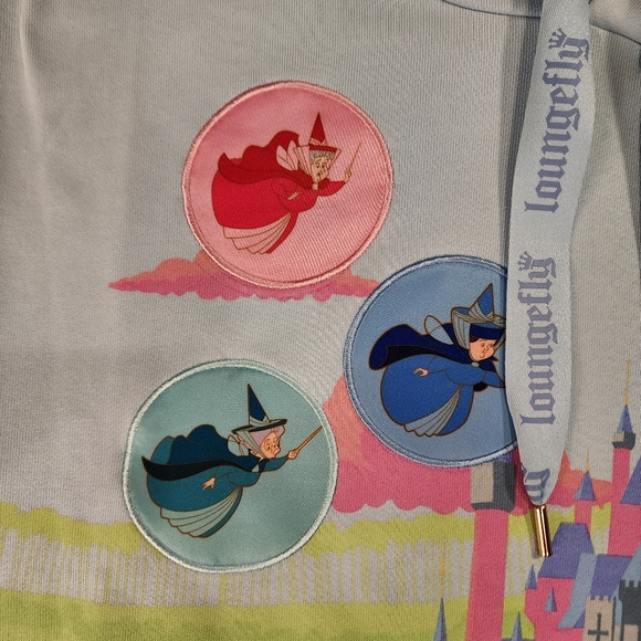 Loungefly Disney Sleeping Beauty Castle Three Good Fairies Unisex Hoodie L NEW - Picture 4 of 14